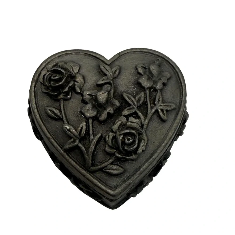 Vintage Torino‎ Pewter Heart Trinket Box Floral Relief w/ Rose Stud Earrings Set